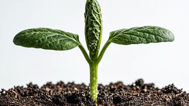 A vibrant green seedling emerges from rich, dark soil against a clean white background, symbolizing new beginnings, growth, and the delicate process of lifes emergence in nature, showcasing botanical.