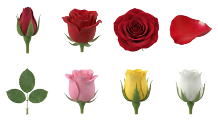 Realistic Rose Flower Lifecycle Set with Red Bloom, Pink, Yellow, White Buds, Petal and Leaf Isolated