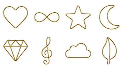 Minimalist Lifestyle Set Heart Infinity Star Moon Treble Clef Gold Outlined Wireframe Shapes