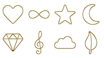 Minimalist Lifestyle Set Heart Infinity Star Moon Treble Clef Gold Outlined Wireframe Shapes
