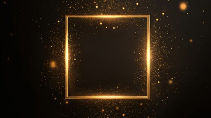 Elegant golden square frame with sparkling particles on dark background