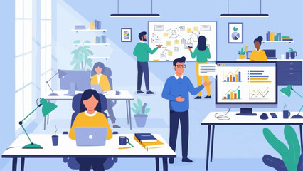 Diverse team collaborating in a modern office environment with charts and laptops.