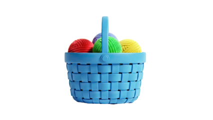 Blue basket filled with colorful yarn balls