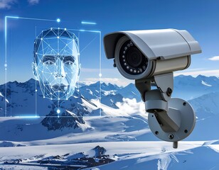Surveillance camera analyzing a face overlayed on a snowy mountain range