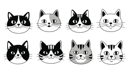 Obraz premium A collection of eight adorable cat faces in black and white, illustrating different breeds and coat patterns in a simple cartoon style.