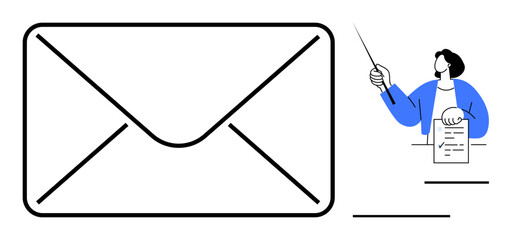 Oversized envelope beside person pointing at document. Ideal for email communication, messaging, correspondence, business, teaching, delivery, education. Simple flat metaphor