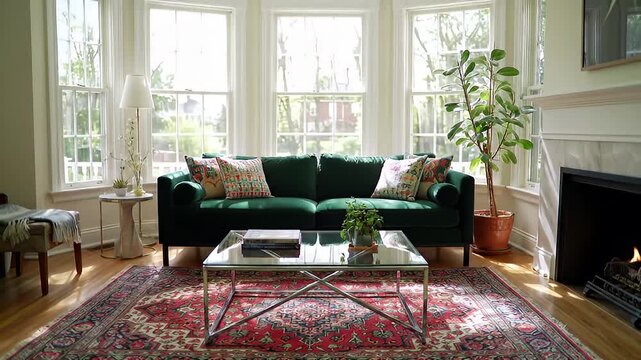 Elegant Living Room Interior With Plush Emerald Green Sofa Vintage Persian Rug and Large Bay Windows Bathed in Natural Sunlight Casting Warm Shadows