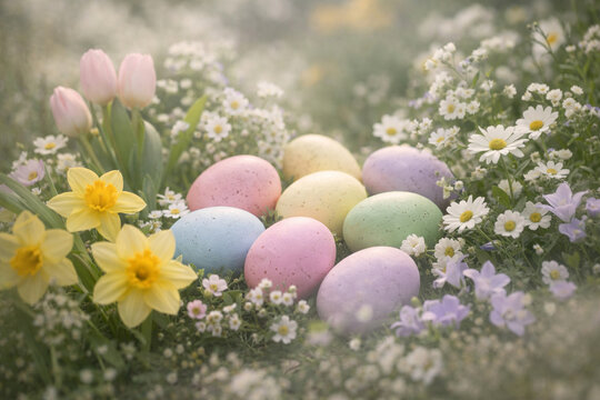 Pastel Easter eggs nestled among spring flowers in a soft, vibrant garden setting.