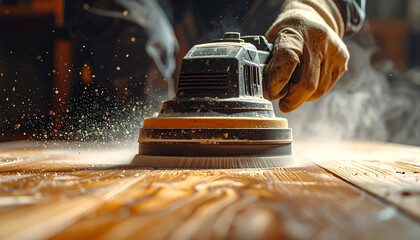 Close up of orbital sander smoothing natural wood texture