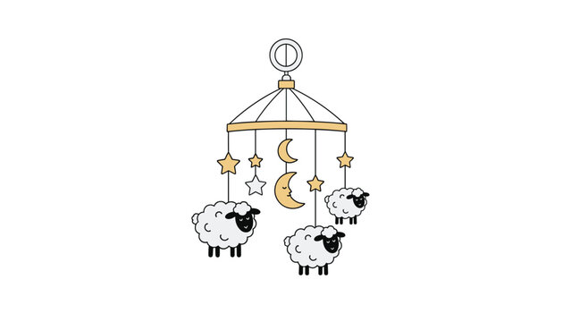 Simple and cute nursery illustration of a baby crib mobile with three fluffy sheep, crescent moons, and stars hanging from a hanger.