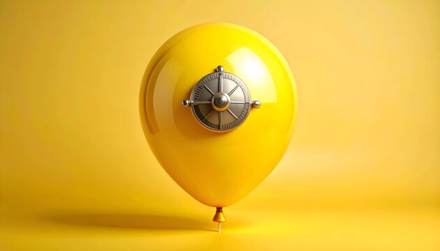 Exploring the surreal paradox of vulnerability and protection with a vibrant yellow balloon adorned by a detailed, metallic safe combination lock, symbolizing the intricate balance of hidden value