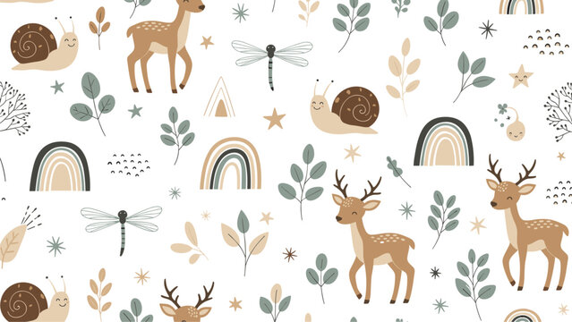Charming seamless nursery pattern with cute woodland animals like deer and snails, plus rainbows and leaves in a modern boho style.
