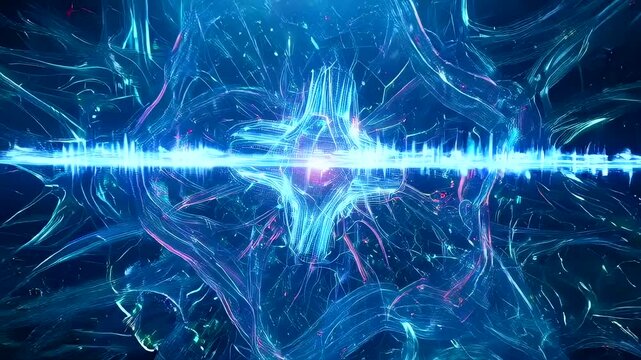 neon energy burst with waveform core, fractal crystalline tendrils radiating from glowing center, high contrast plasma colors and pulsing motion, visualizer aesthetic for music or scitech