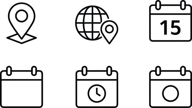 Scheduling and global logistics icon set with calendars map pins and world globe markers for international travel planning