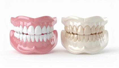 Fototapeta premium Dental prosthetics with pink and white gum and teeth on a plain surface from a frontal viewpoint