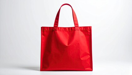 A vibrant, bright red tote bag with handles against a plain white backdrop