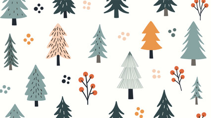 Obraz premium A modern and rustic seamless pattern of a winter forest with stylized Christmas trees and berry branches in a muted color palette.