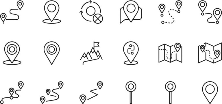 Navigation route path icon set with mountain peak flag map pins and dotted travel lines for adventure journey planning