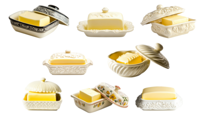 A butter dish with a lid contains a smooth block of butter isolated on white transparent background.