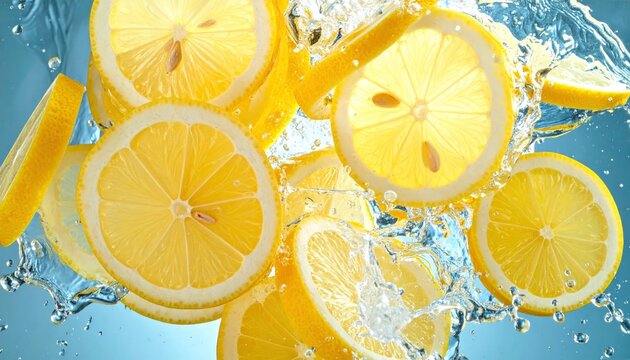 Fresh lemon slices splashing in refreshing water close up.