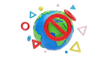 3D Earth with Prohibition Symbol and Geometric Shapes