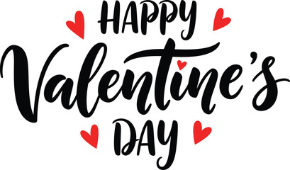 Happy Valentines Day Black Calligraphy and Red Hearts on White Background love romance