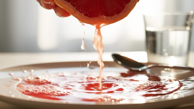 Hand Squeezes Fresh Grapefruit Juice Onto Plate for Refreshing Drink