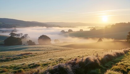 Obraz premium Sunrise over a misty landscape with rolling hills and trees in a serene countryside view