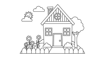 A Charming Black and White Illustration of a House with a Garden and a Smiling Sun