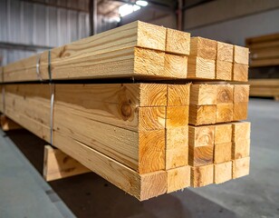 Lumber stack showing end grain of wood, strapped together in an industrial setting