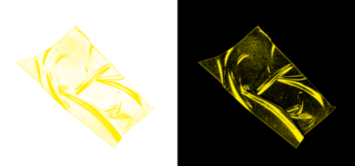 Single bright yellow crumpled plastic film mockup element shown against transparent and pure black studio backdrops