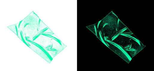 Crinkled neon green plastic wrap texture overlay on transparent and black backgrounds abstract digital art