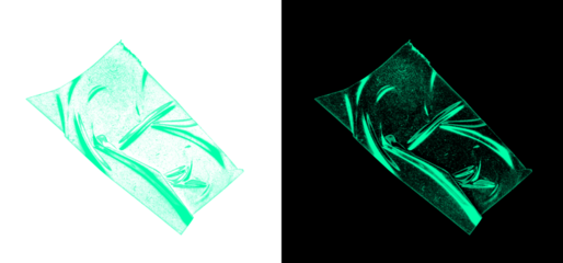 Crinkled neon green plastic wrap texture overlay on transparent and black backgrounds abstract digital art