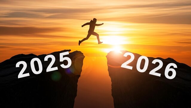 Inspiring image of a person jumping across a gap between two cliffs representing transition from 2025 to 2026 with a vibrant sunset background