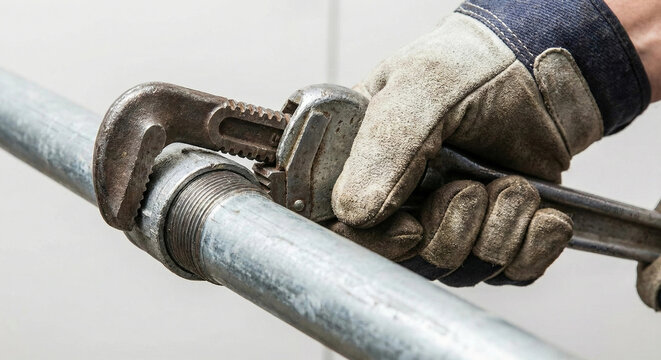 Worker hand tightening metal pipe with heavy duty wrench
