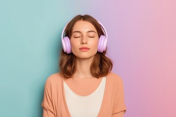 Fototapeta premium Young woman enjoys music with pink headphones against a pastel background
