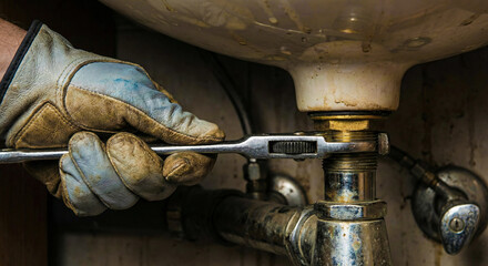 Plumber using wrench to repair pipe under bathroom sink
