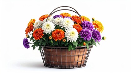 Basket brimming with colorful blooms on a plain white backdrop