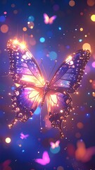 Luminescent butterfly with bokeh lights on a vertical, deep blue, purple background