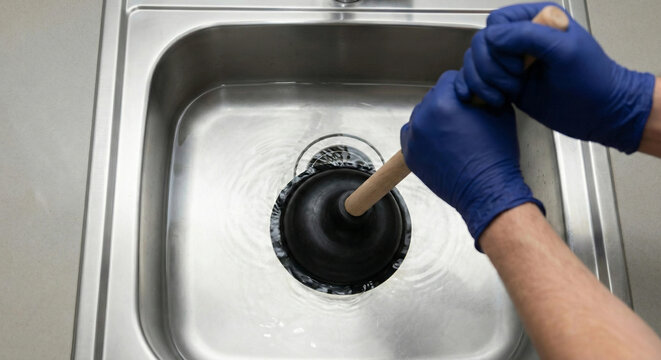 Hands in blue gloves plunging clogged kitchen sink drain