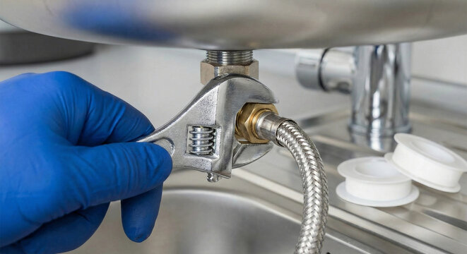 Plumber tightening flexible hose nut with metal wrench