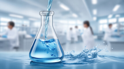 Laboratory beaker pouring blue liquid business technology research scene with scientists working