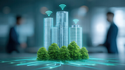 Smart city business technology landscape with connected skyscraper network and green trees