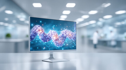 Computer monitor displaying DNA visualization modern lab blending business technology innovation