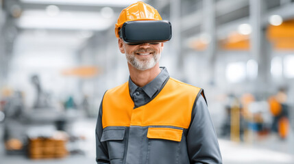 Construction engineer explores virtual model with business technology tools industrial workshop