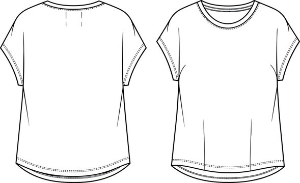 Women's Loose Fit Dolman Sleeve T-Shirt Technical Fashion Flat Sketch with Crew Neckline, Curved Dropped Hem, and Roll-Up Cuff CAD Drawing