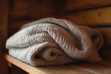 A soft, knitted scarf folded neatly on a wooden shelf
