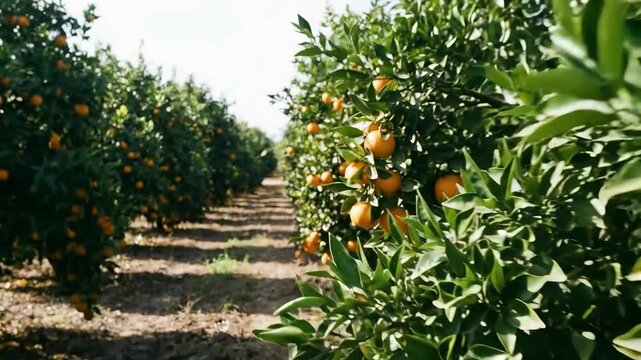 The image shows an orchard of orange trees laden with ripe oranges. The foreground highlights a branch with several oranges, with more trees visible in the background.