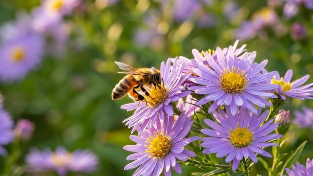 A honey bee flies towards a cluster of purple flowers with yellow centers. The background is a soft blur of green and purple.
