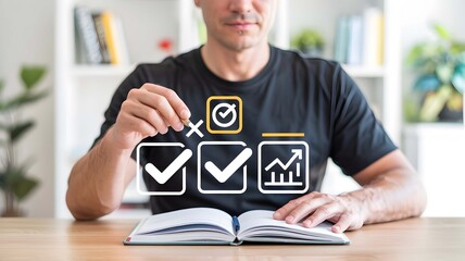 Man sitting at a desk with checklist icons floating above an open book